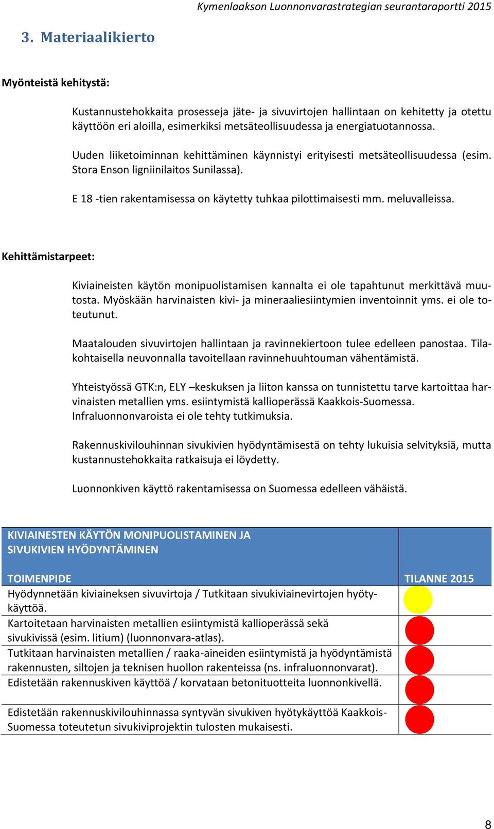 E 18 -tien rakentamisessa on käytetty tuhkaa pilottimaisesti mm. meluvalleissa. Kehittämistarpeet: Kiviaineisten käytön monipuolistamisen kannalta ei ole tapahtunut merkittävä muutosta.