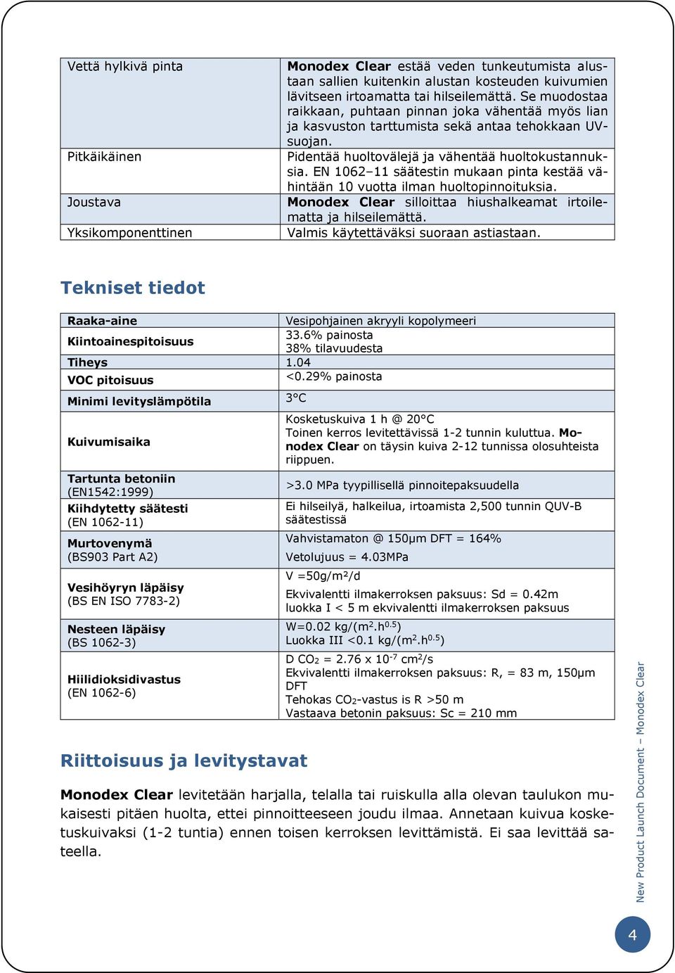 EN 1062 11 säätestin mukaan pinta kestää vähintään 10 vuotta ilman huoltopinnoituksia. Monodex Clear silloittaa hiushalkeamat irtoilematta ja hilseilemättä. Valmis käytettäväksi suoraan astiastaan.