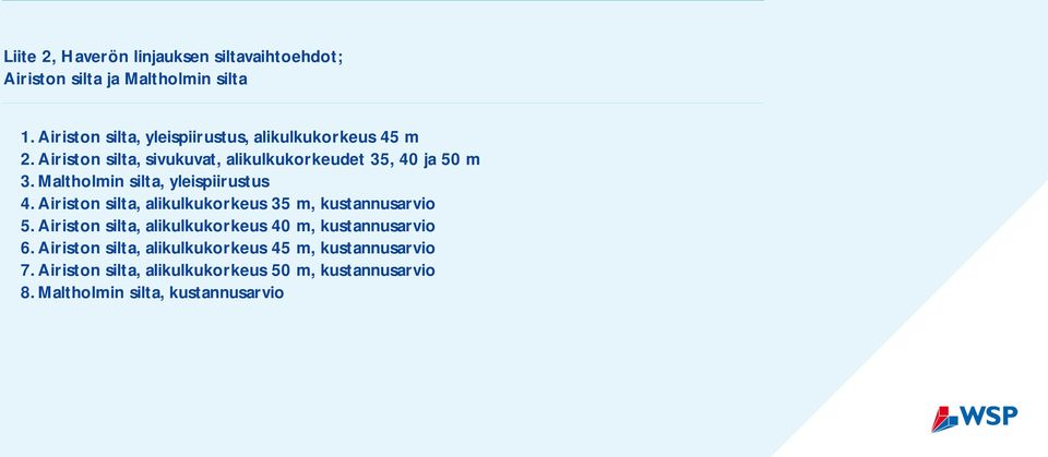 Maltholmin silta, yleispiirustus 4. Airiston silta, alikulkukorkeus 35 m, kustannusarvio 5.