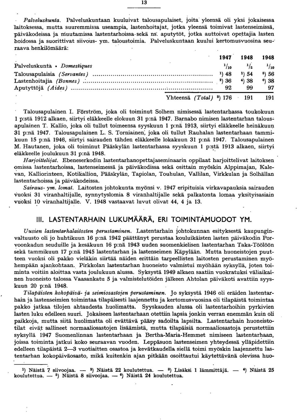 lastentarhoissa sekä ns. aputytöt, jotka auttoivat ope~tajia lasten hoidossa ja suorittivat siivo us- ym. taloustoimia.