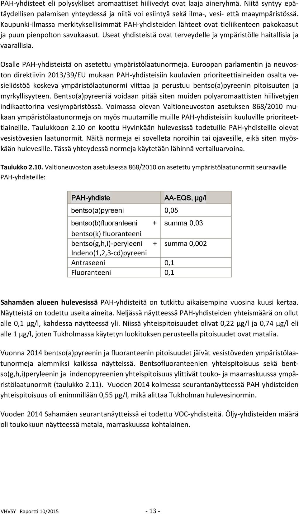 Osalle PAH yhdisteistä on asetettu ympäristölaatunormeja.