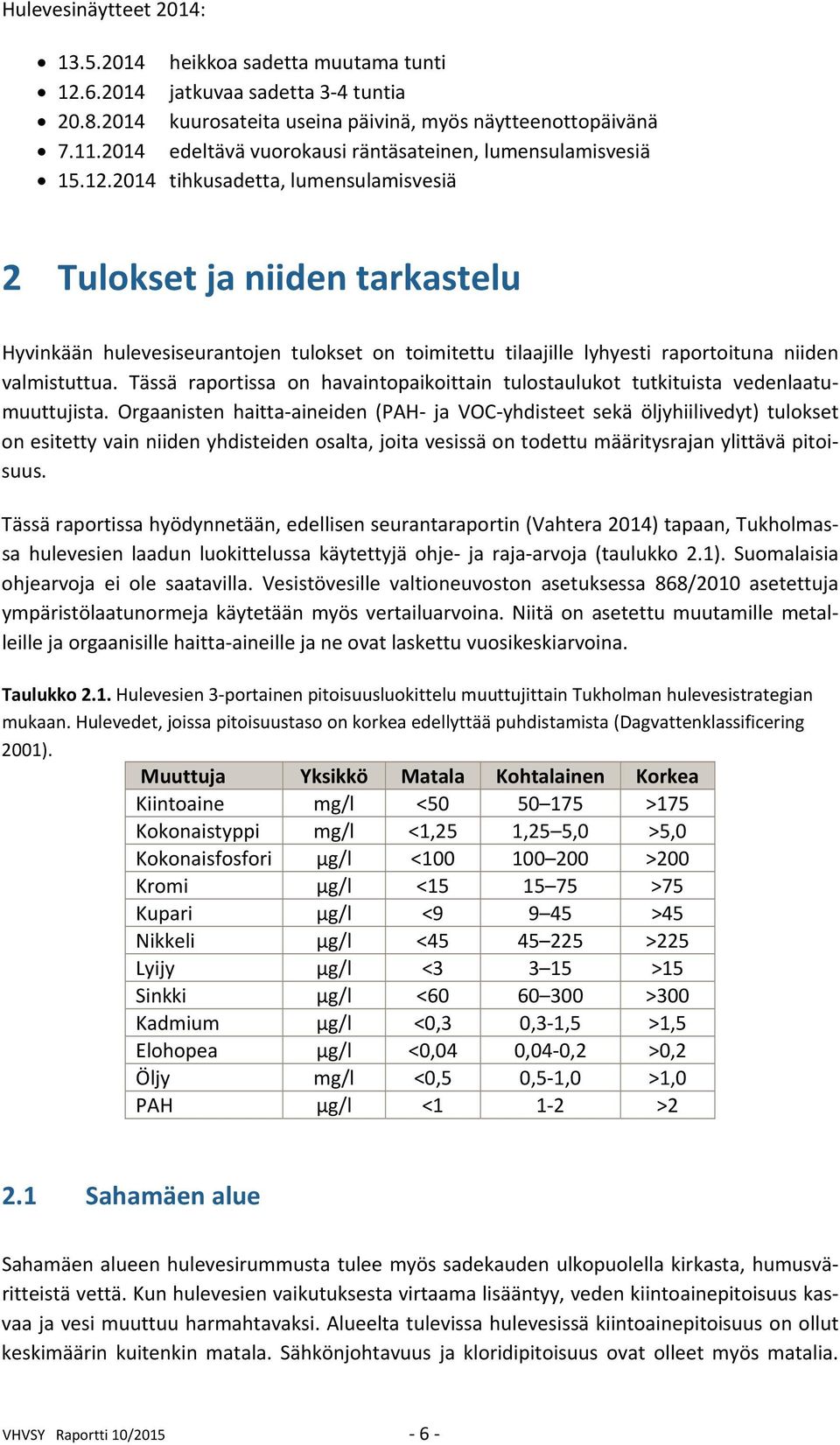 2014 tihkusadetta, lumensulamisvesiä 2 Tulokset ja niiden tarkastelu Hyvinkään hulevesiseurantojen tulokset on toimitettu tilaajille lyhyesti raportoituna niiden valmistuttua.