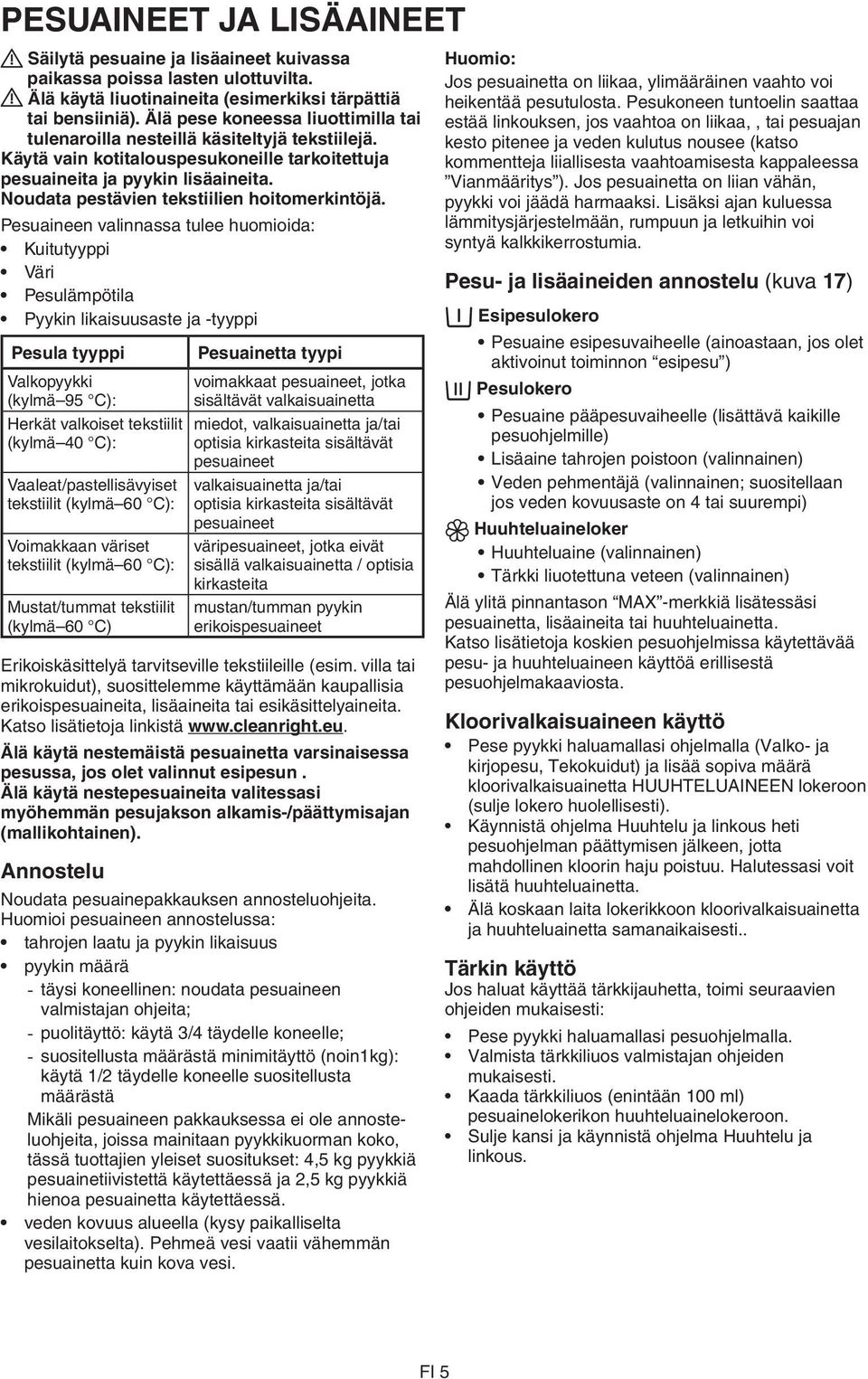 Noudata pestävien tekstiilien hoitomerkintöjä.