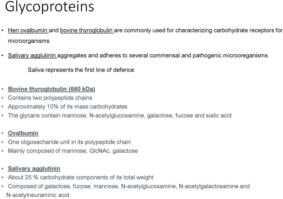 carbohydrates The glycans contain mannose, N-acetylglucosamine, galactose, fucose and sialic acid Ovalbumin One oligosacharide unit in its polypeptide chain Mainly composed of mannose,