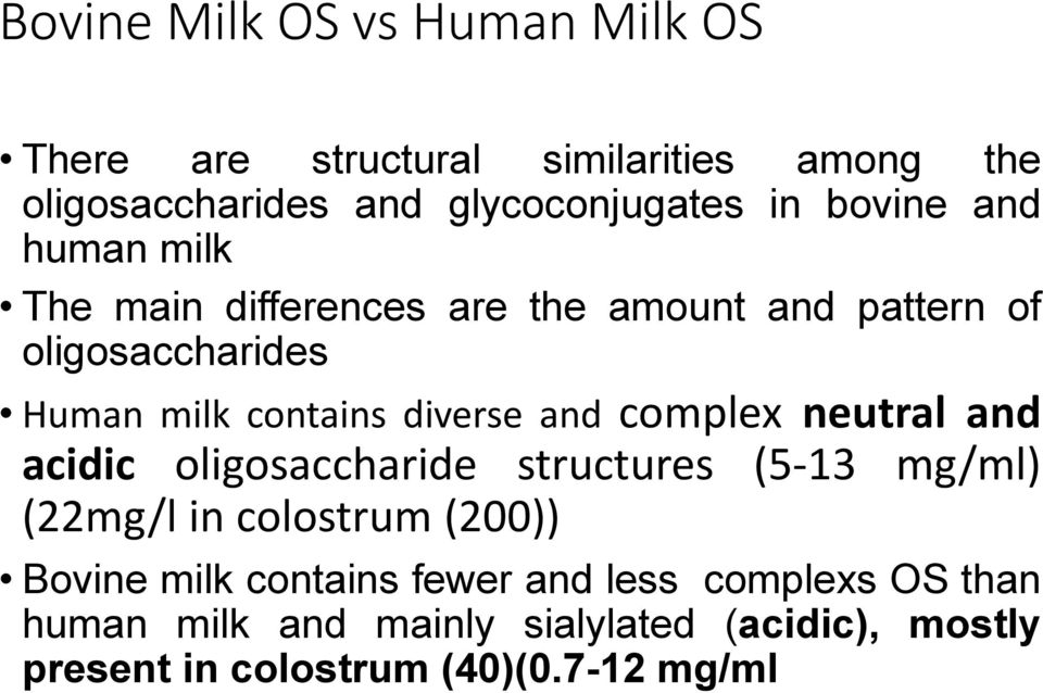 and complex neutral and acidic oligosaccharide structures (5-13 mg/ml) (22mg/l in colostrum (200)) Bovine milk