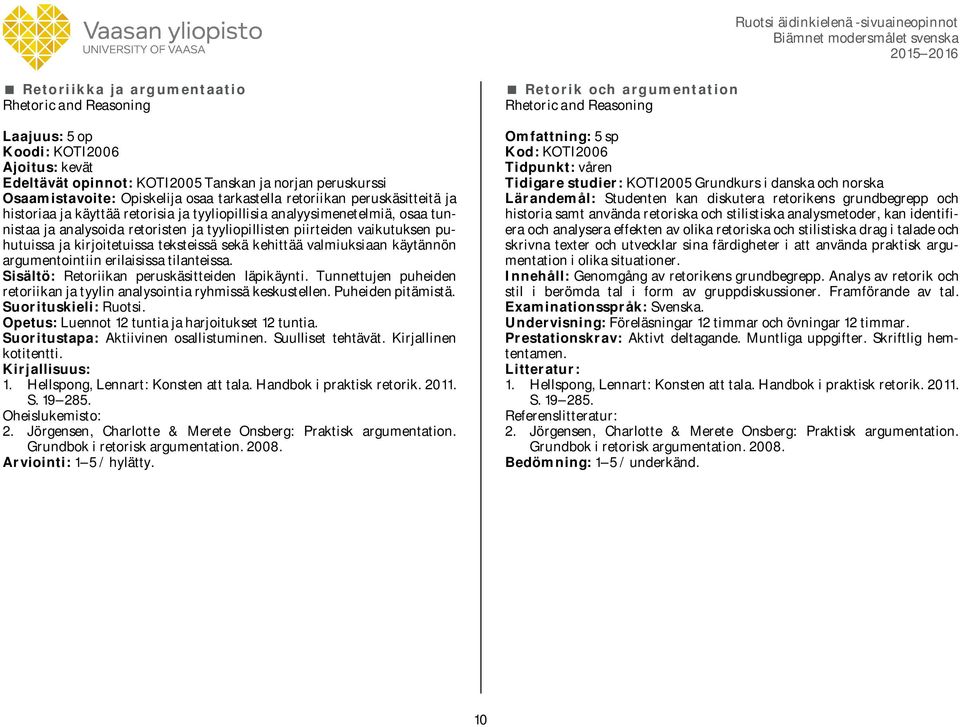 teksteissä sekä kehittää valmiuksiaan käytännön argumentointiin erilaisissa tilanteissa. Sisältö: Retoriikan peruskäsitteiden läpikäynti.