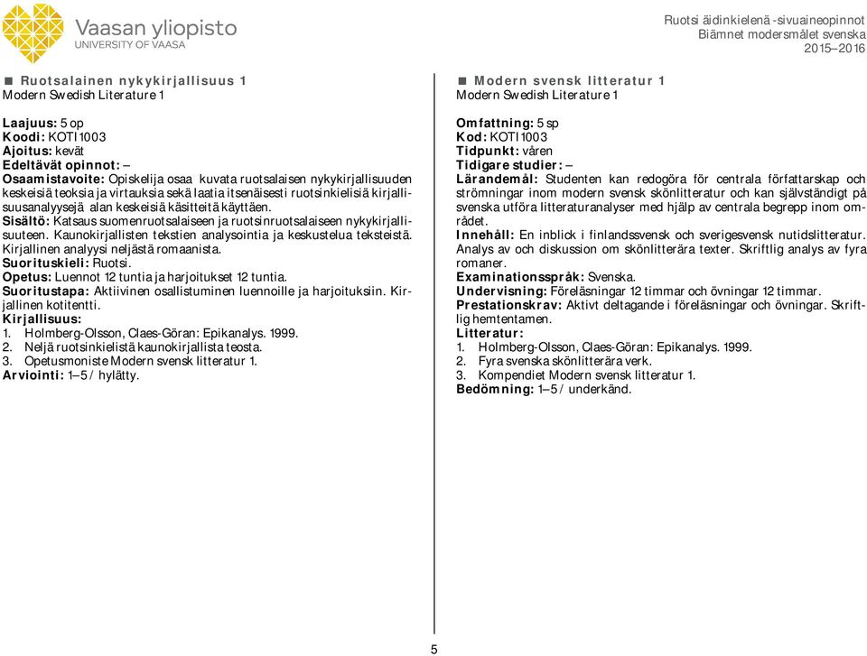 Kaunokirjallisten tekstien analysointia ja keskustelua teksteistä. Kirjallinen analyysi neljästä romaanista. Opetus: Luennot 12 tuntia ja harjoitukset 12 tuntia.