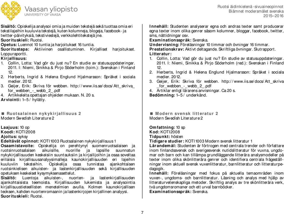 En studie av statusuppdateringar. 2011. I: Niemi, Sinikka & Pirjo Söderholm (toim.): Svenskan i Finland 12. 2. Herberts, Ingrid & Helena Englund Hjalmarsson: Språket i sociala medier. 2012. 3.