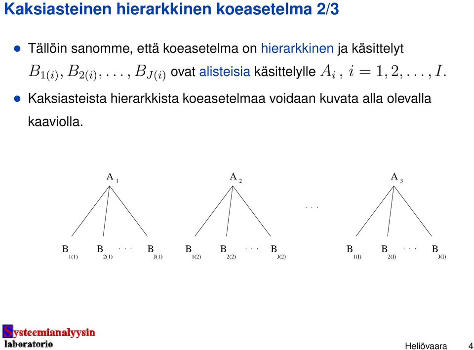 .., B J(i) ovat alisteisia käsittelylle A i, i = 1, 2,..., I.