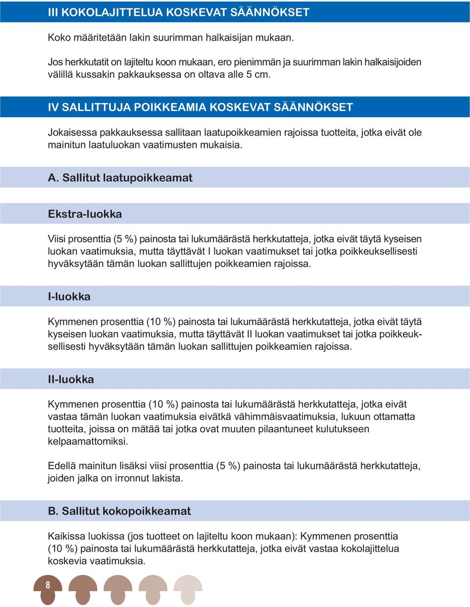 IV SALLITTUJA POIKKEAMIA KOSKEVAT SÄÄNNÖKSET Jokaisessa pakkauksessa sallitaan laatupoikkeamien rajoissa tuotteita, jotka eivät ole mainitun laatuluokan vaatimusten mukaisia. A.