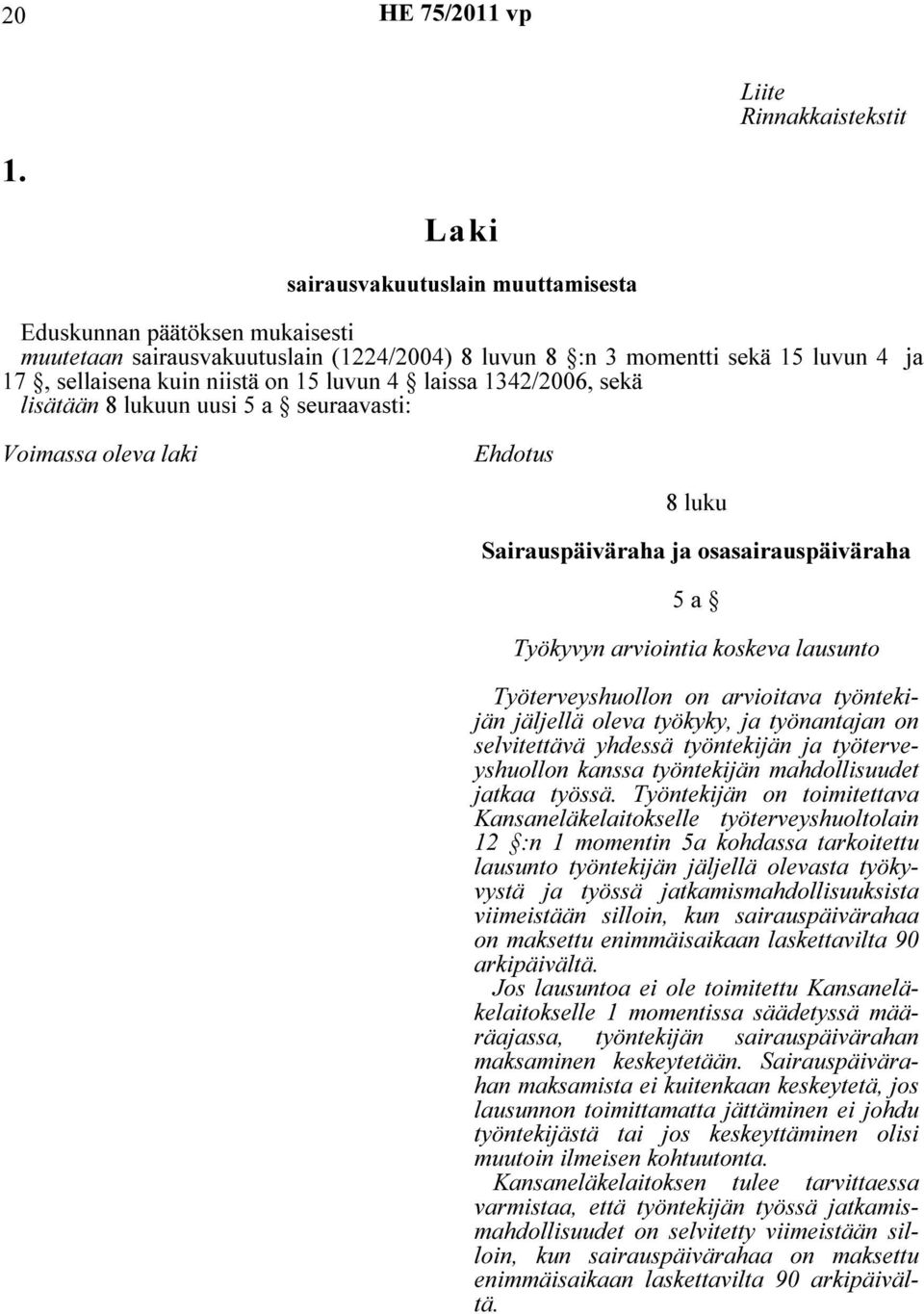 laissa 1342/2006, sekä lisätään 8 lukuun uusi 5 a seuraavasti: Voimassa oleva laki Ehdotus 8 luku Sairauspäiväraha ja osasairauspäiväraha 5 a Työkyvyn arviointia koskeva lausunto Työterveyshuollon on