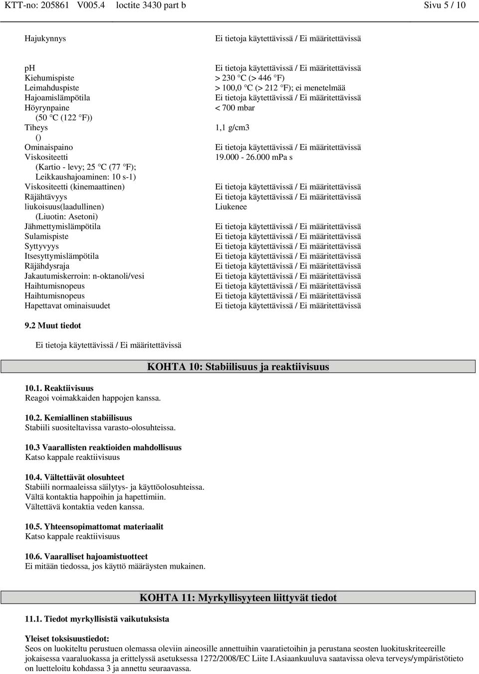 Leikkaushajoaminen: 10 s-1) Viskositeetti (kinemaattinen) Räjähtävyys liukoisuus(laadullinen) (Liuotin: Asetoni) Jähmettymislämpötila Sulamispiste Syttyvyys Itsesyttymislämpötila Räjähdysraja