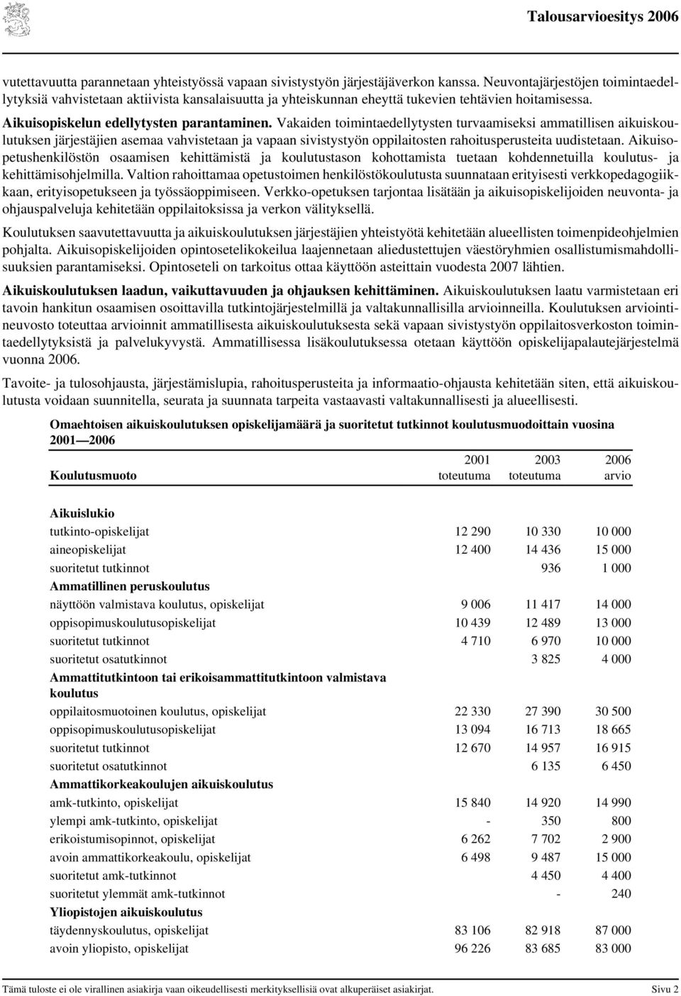 Vakaiden toimintaedellytysten turvaamiseksi ammatillisen aikuiskoulutuksen järjestäjien asemaa vahvistetaan ja vapaan sivistystyön oppilaitosten rahoitusperusteita uudistetaan.