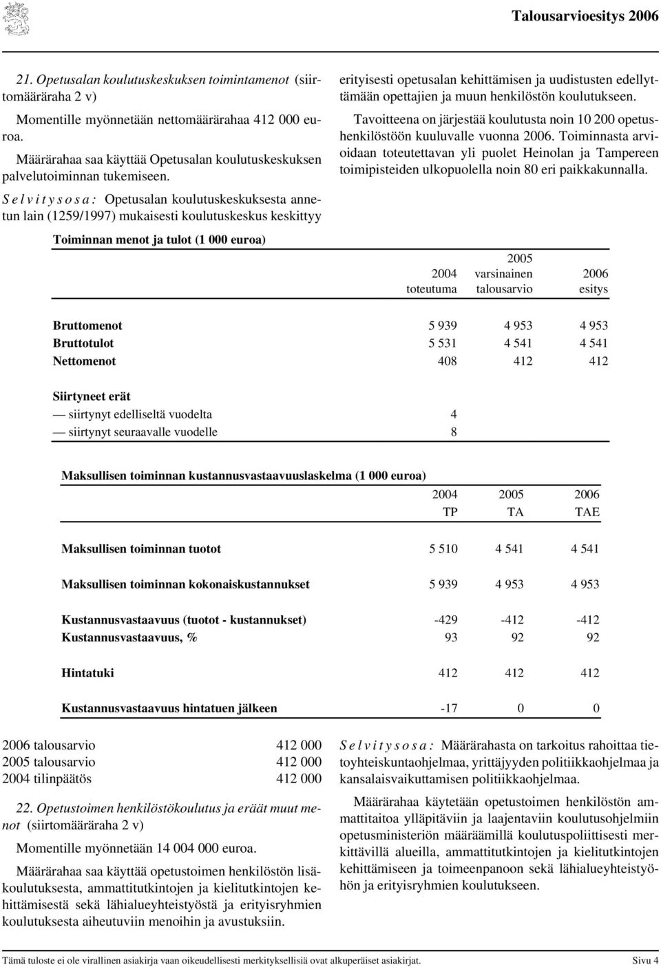 S e l v i t y s o s a : Opetusalan koulutuskeskuksesta annetun lain (1259/1997) mukaisesti koulutuskeskus keskittyy Toiminnan menot ja tulot (1 euroa) erityisesti opetusalan kehittämisen ja