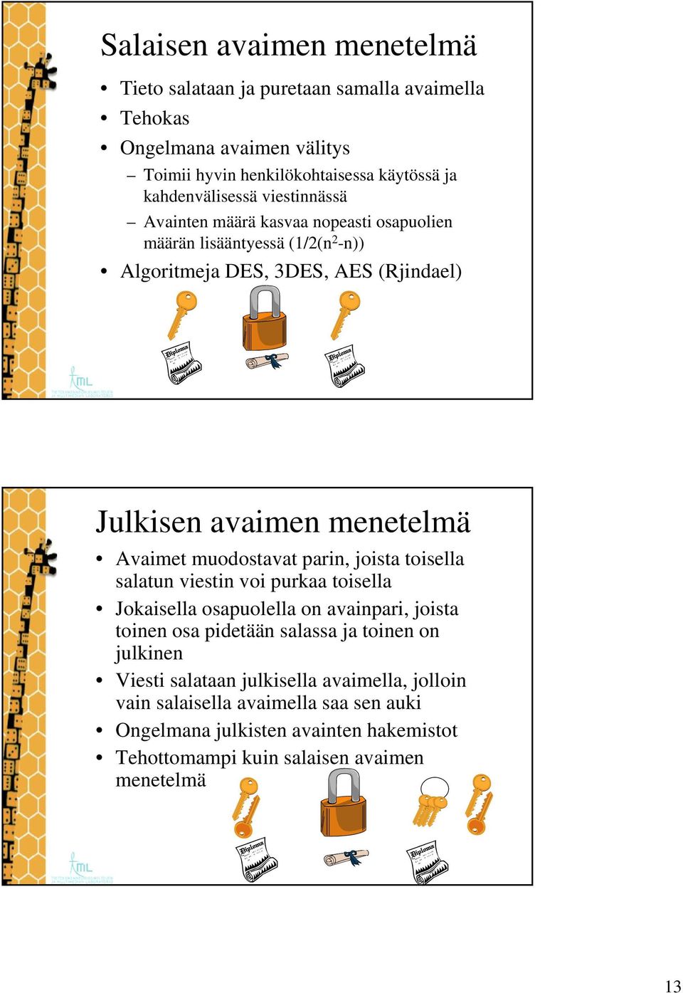 muodostavat parin, joista toisella salatun viestin voi purkaa toisella Jokaisella osapuolella on avainpari, joista toinen osa pidetään salassa ja toinen on julkinen