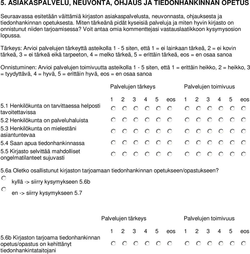 Tärkeys: Arvioi palvelujen tärkeyttä asteikolla 1-5 siten, että 1 = ei lainkaan tärkeä, 2 = ei kovin tärkeä, 3 = ei tärkeä eikä tarpeeton, 4 = melko tärkeä, 5 = erittäin tärkeä, eos = en osaa sanoa