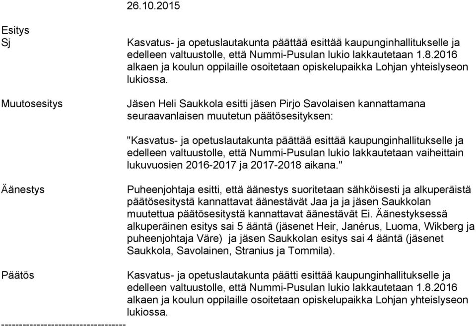 opetuslautakunta päättää esittää kaupunginhallitukselle ja edelleen valtuustolle, että Nummi-Pusulan lukio lakkautetaan vaiheittain lukuvuosien 2016-2017 ja 2017-2018 aikana.