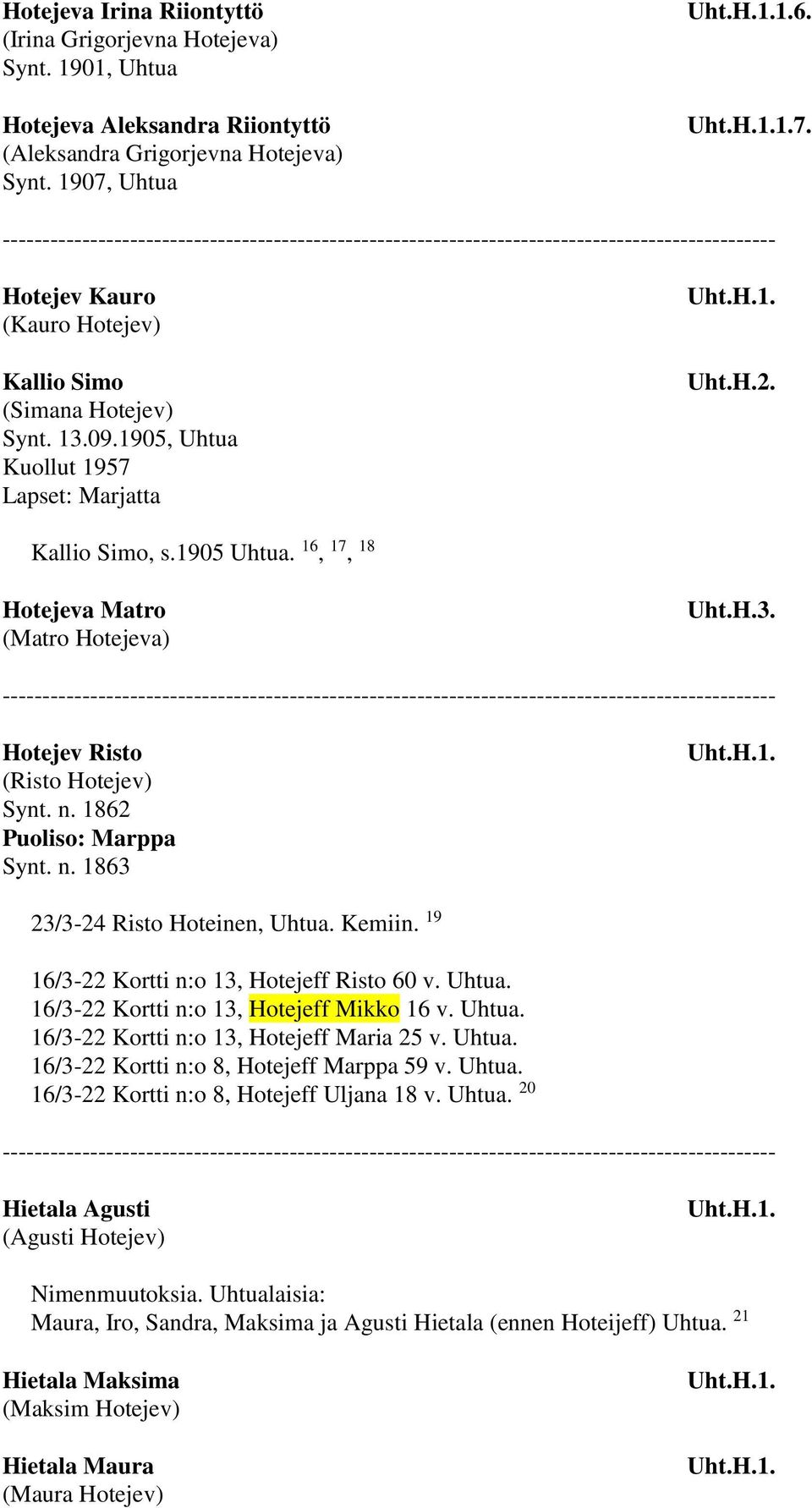 16, 17, 18 Hotejeva Matro (Matro Hotejeva) Uht.H.3. Hotejev Risto (Risto Hotejev) Synt. n. 1862 Puoliso: Marppa Synt. n. 1863 23/3-24 Risto Hoteinen, Uhtua. Kemiin.