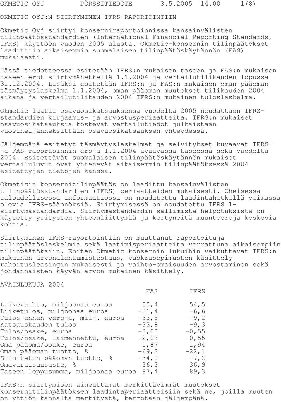vuoden 2005 alusta. Okmetic-konsernin tilinpäätökset laadittiin aikaisemmin suomalaisen tilinpäätöskäytännön (FAS) mukaisesti.