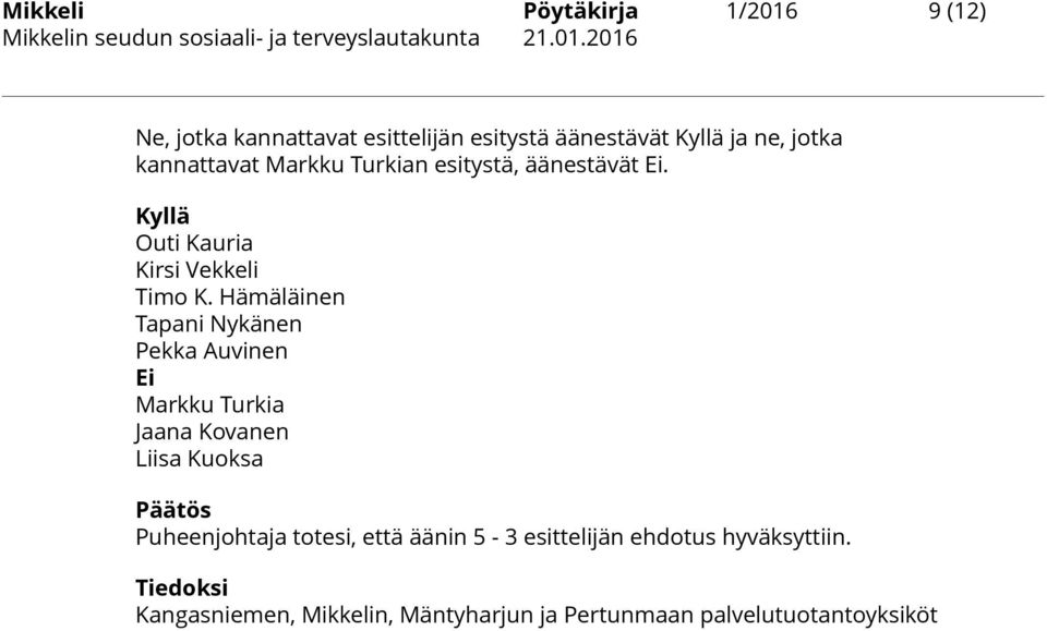Hämäläinen Tapani Nykänen Pekka Auvinen Ei Markku Turkia Jaana Kovanen Liisa Kuoksa Päätös Puheenjohtaja