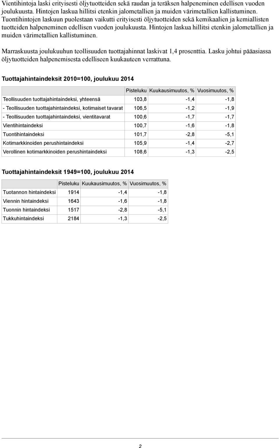 Hintojen laskua hillitsi etenkin jalometallien ja muiden värimetallien kallistuminen. Marraskuusta joulukuuhun teollisuuden tuottajahinnat laskivat 1,4 prosenttia.