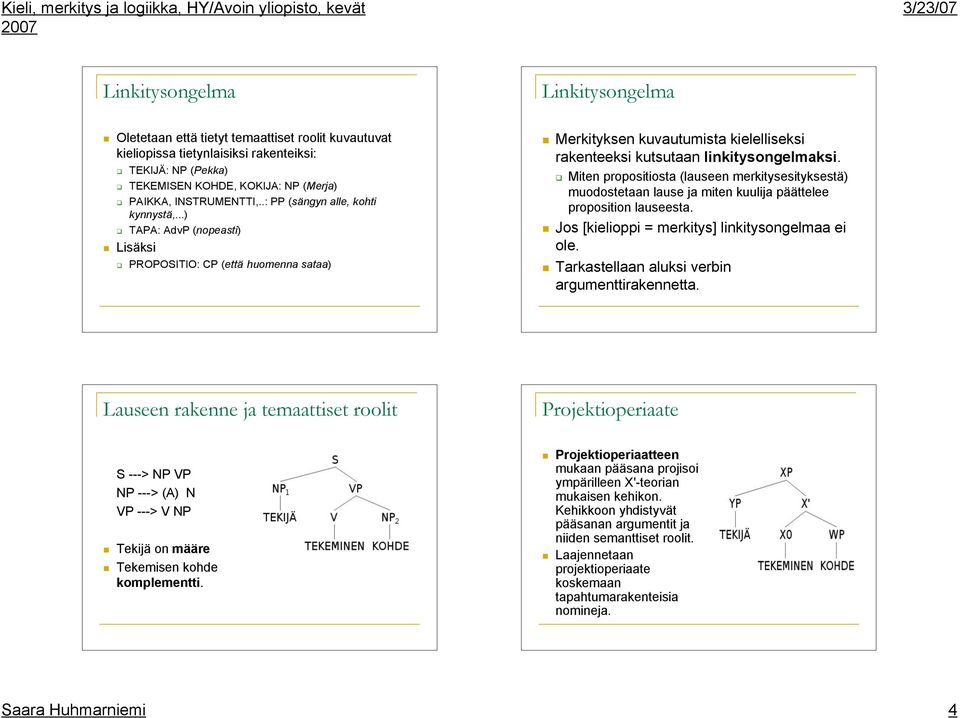 .: PP (sängyn alle, kohti kynnystä,...) " TAPA: AdvP (nopeasti)! Lisäksi " PROPOSITIO: CP (että huomenna sataa)! Merkityksen kuvautumista kielelliseksi rakenteeksi kutsutaan linkitysongelmaksi.