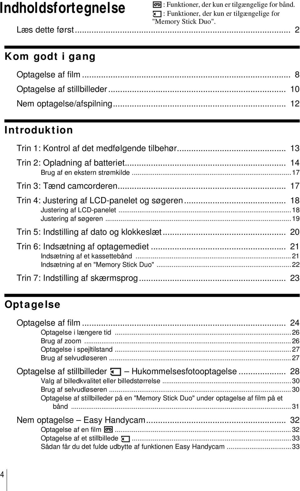 ..17 Trin 3: Tænd camcorderen... 17 Trin 4: Justering af LCD-panelet og søgeren... 18 Justering af LCD-panelet... 18 Justering af søgeren...19 Trin 5: Indstilling af dato og klokkeslæt.