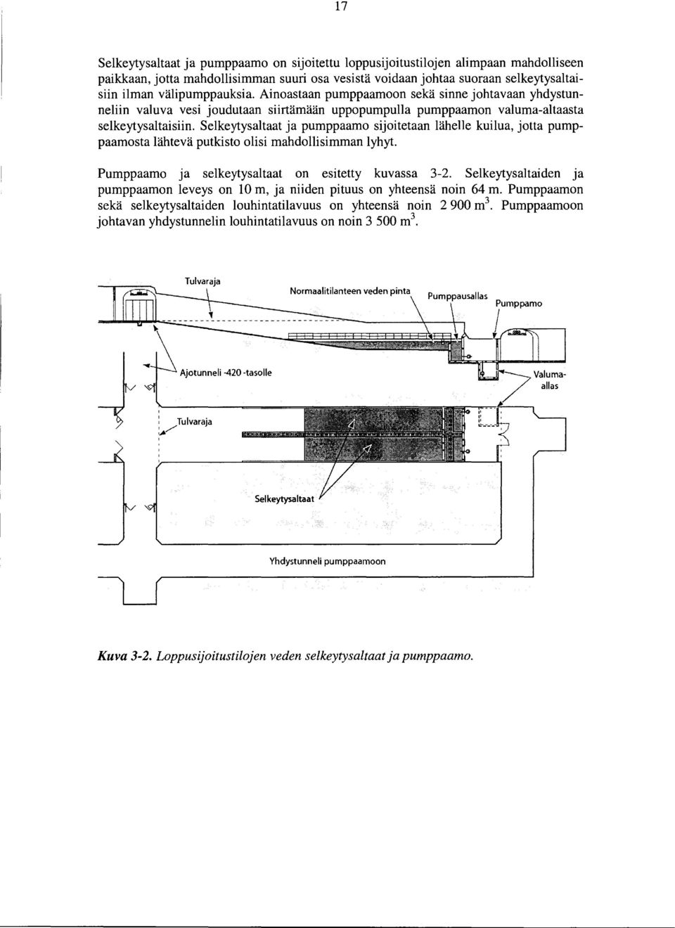 Selkeytysaltaat ja pumppaamo sijoitetaan lähelle kuilua, jotta pumppaamosta lähtevä putkisto olisi mahdollisimman lyhyt. Pumppaamo ja selkeytysaltaat on esitetty kuvassa 3-2.