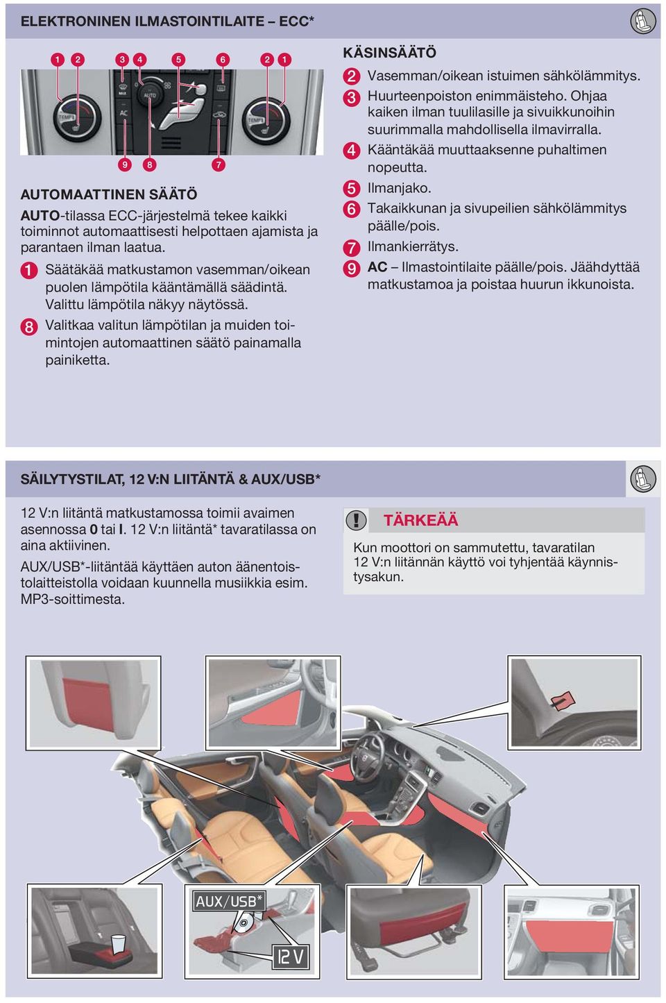 8 Valitkaa valitun lämpötilan ja muiden toimintojen automaattinen säätö painamalla painiketta. KÄSINSÄÄTÖ 2 Vasemman/oikean istuimen sähkölämmitys. 3 Huurteenpoiston enimmäisteho.