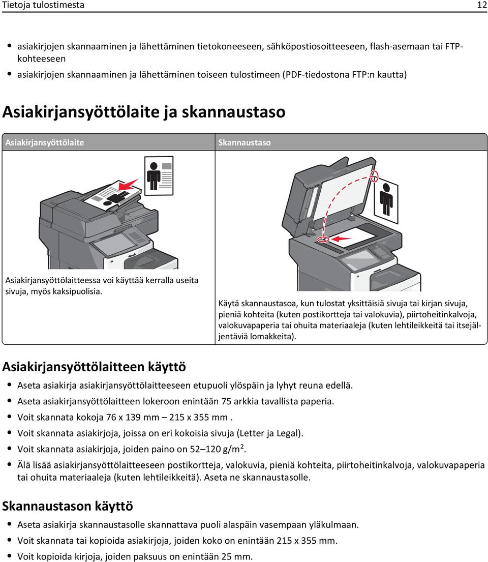 Käytä skannaustasoa, kun tulostat yksittäisiä sivuja tai kirjan sivuja, pieniä kohteita (kuten postikortteja tai valokuvia), piirtoheitinkalvoja, valokuvapaperia tai ohuita materiaaleja (kuten