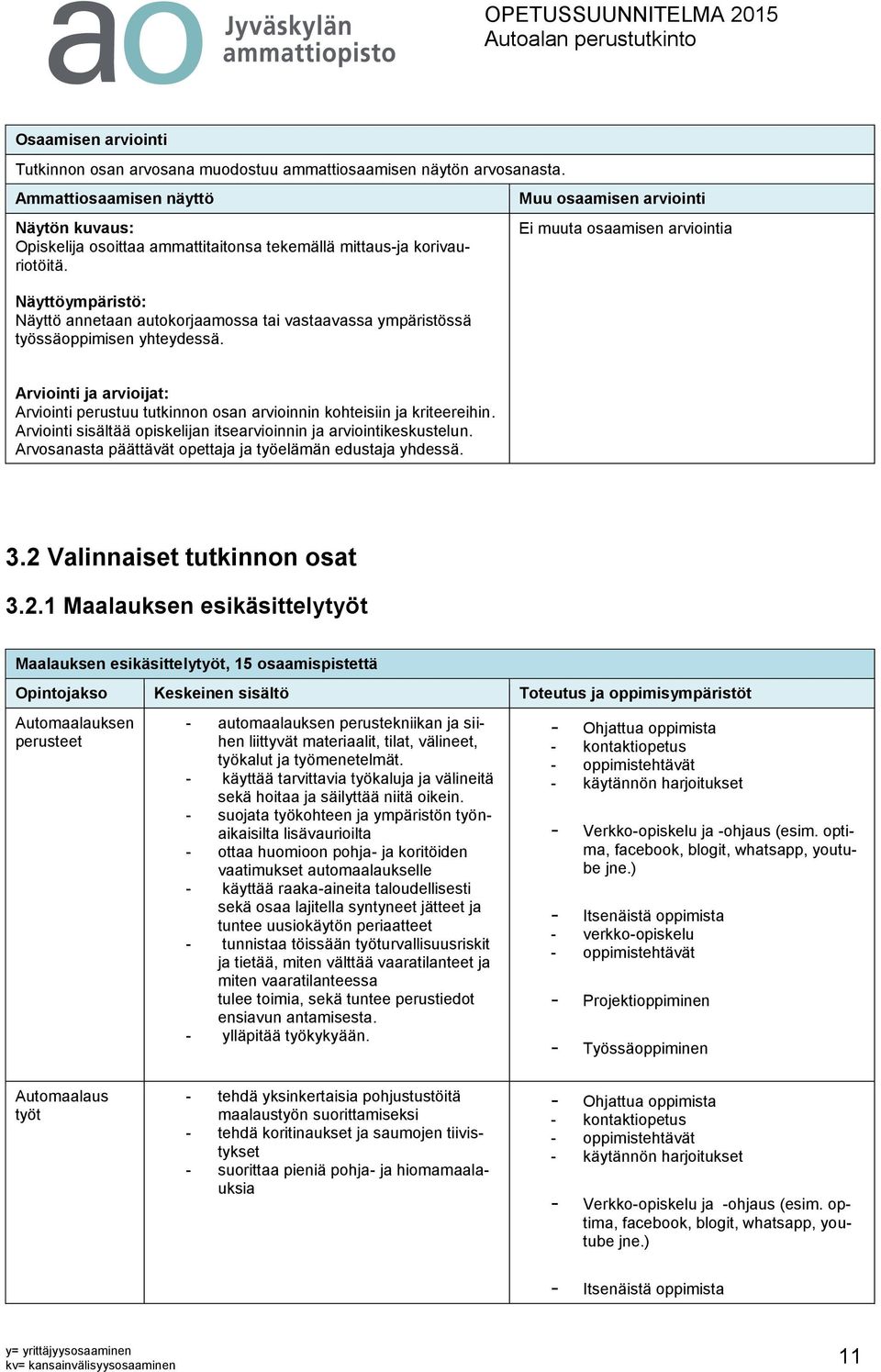 Näyttöympäristö: Näyttö annetaan autokorjaamossa tai vastaavassa ympäristössä työssäoppimisen yhteydessä.