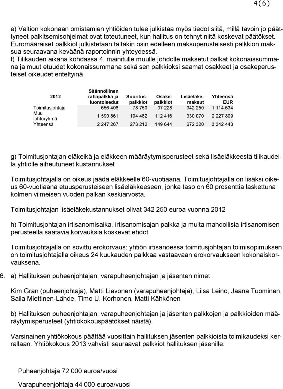mainitulle muulle johdolle maksetut palkat kokonaissummana ja muut etuudet kokonaissummana sekä sen palkkioksi saamat osakkeet ja osakeperusteiset oikeudet eriteltyinä 2012 Säännöllinen rahapalkka ja