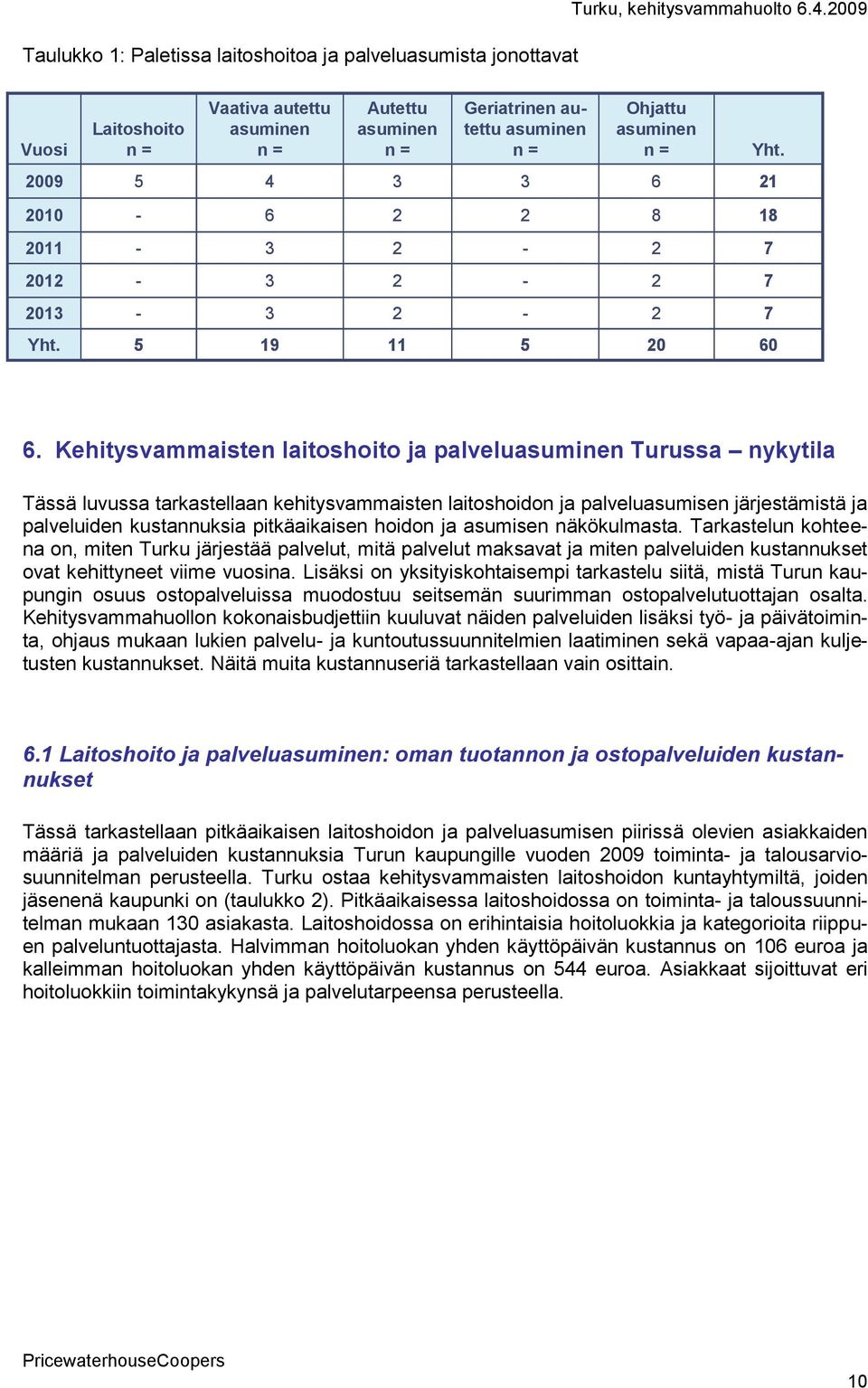 Kehitysvammaisten laitoshoito ja palvelu Turussa nykytila Tässä luvussa tarkastellaan kehitysvammaisten laitoshoidon ja palveluasumisen järjestämistä ja palveluiden kustannuksia pitkäaikaisen hoidon