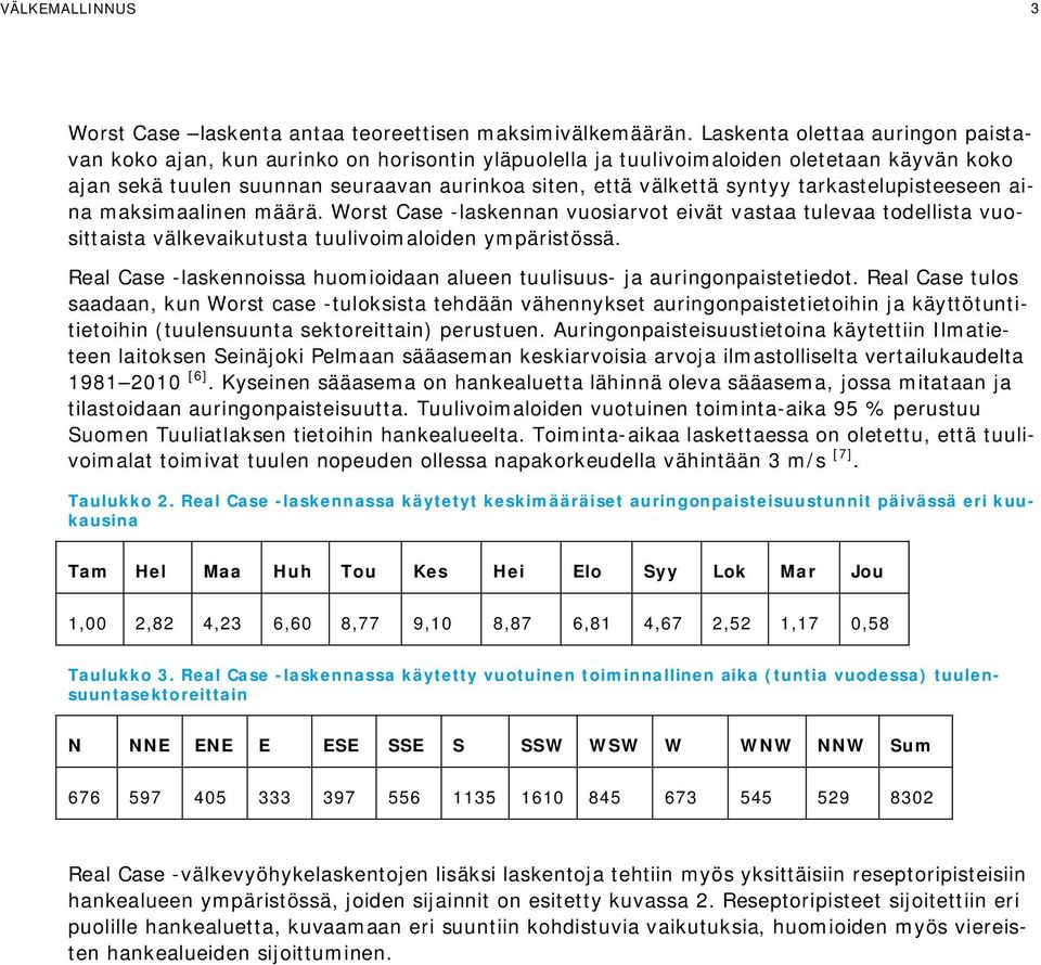 tarkastelupisteeseen aina maksimaalinen määrä. Worst Case -laskennan vuosiarvot eivät vastaa tulevaa todellista vuosittaista välkevaikutusta tuulivoimaloiden ympäristössä.