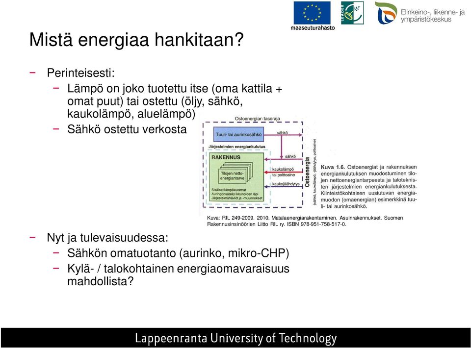 kaukolämpö, aluelämpö) Sähkö ostettu verkosta Nyt ja tulevaisuudessa: Sähkön omatuotanto (aurinko,