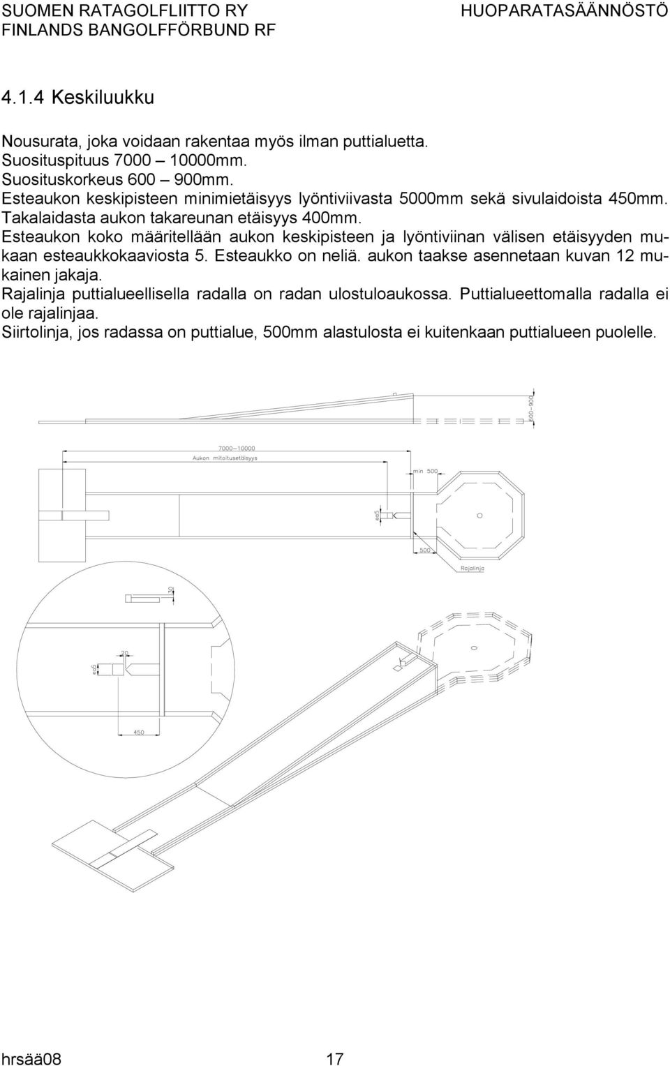 Esteaukon koko määritellään aukon keskipisteen ja lyöntiviinan välisen etäisyyden mukaan esteaukkokaaviosta 5. Esteaukko on neliä.