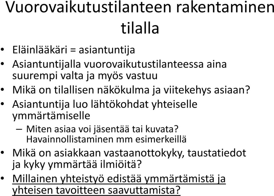 Asiantuntija luo lähtökohdat yhteiselle ymmärtämiselle Miten asiaa voi jäsentää tai kuvata?