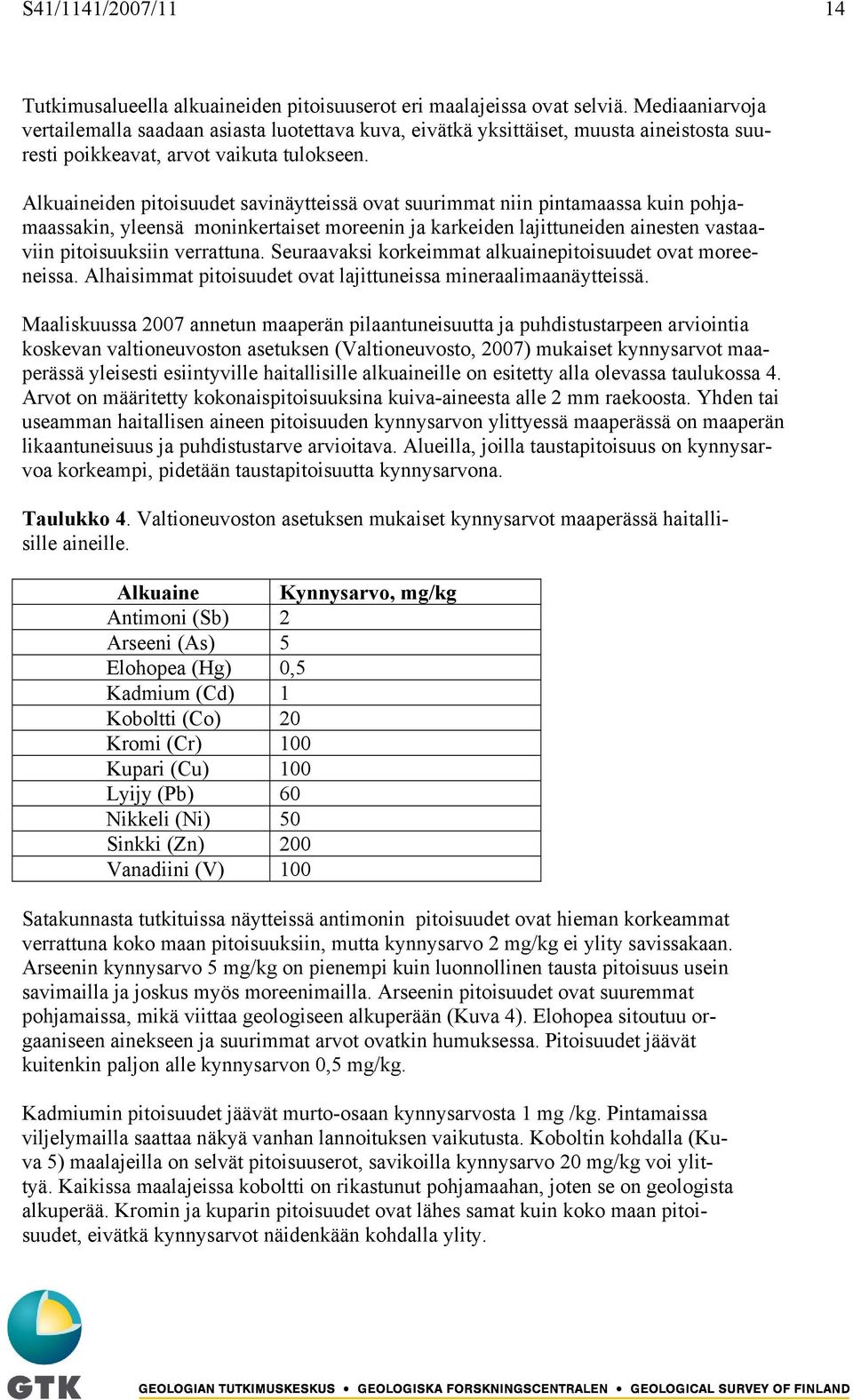 Alkuaineiden pitoisuudet savinäytteissä ovat suurimmat niin pintamaassa kuin pohjamaassakin, yleensä moninkertaiset moreenin ja karkeiden lajittuneiden ainesten vastaaviin pitoisuuksiin verrattuna.