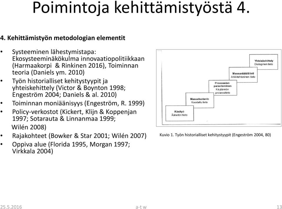 teoria (Daniels ym. 2010) Työn historialliset kehitystyypit ja yhteiskehittely (Victor & Boynton 1998; Engeström 2004; Daniels & al.