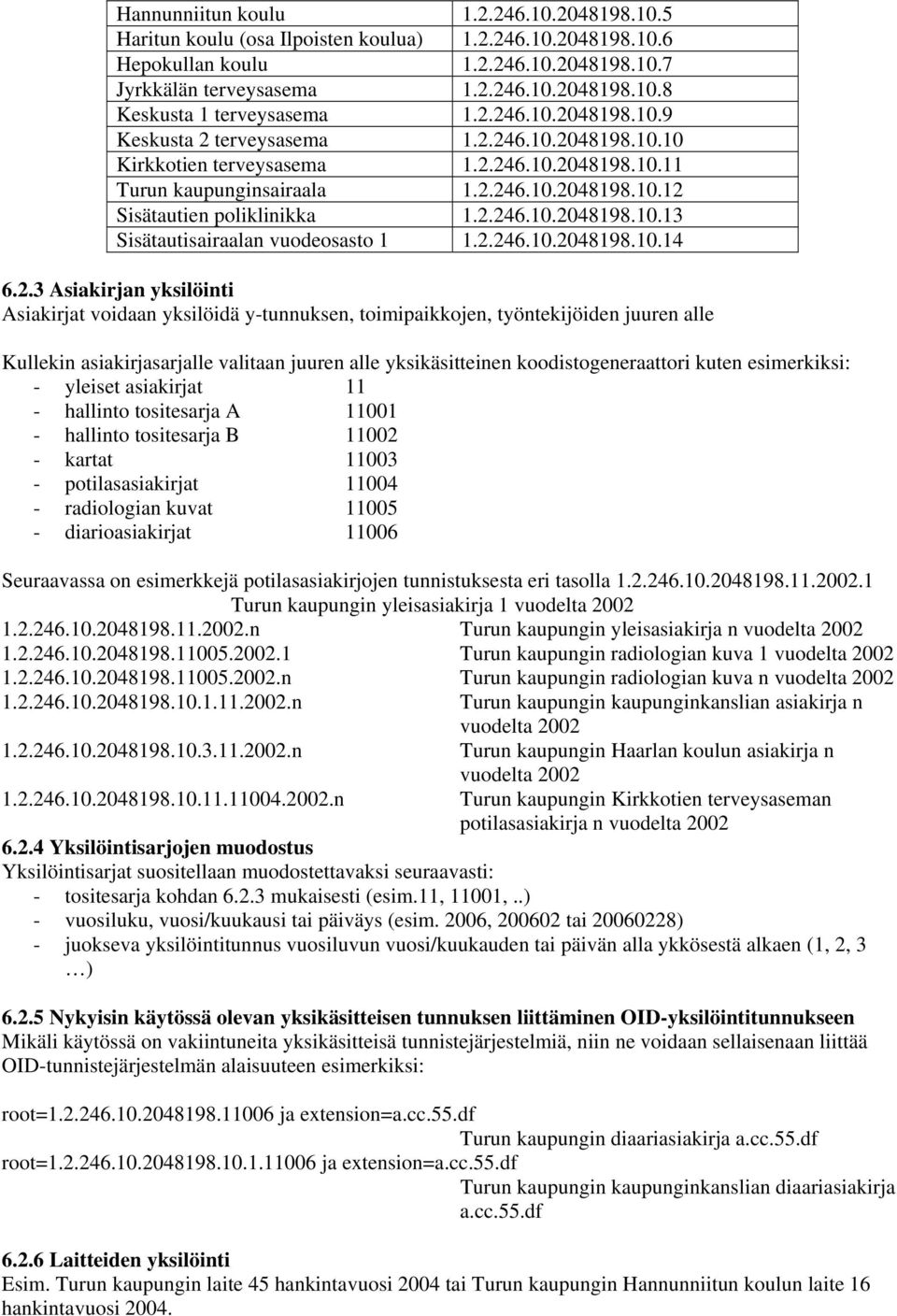 2.246.10.2048198.10.14 6.2.3 Asiakirjan yksilöinti Asiakirjat voidaan yksilöidä y-tunnuksen, toimipaikkojen, työntekijöiden juuren alle Kullekin asiakirjasarjalle valitaan juuren alle yksikäsitteinen