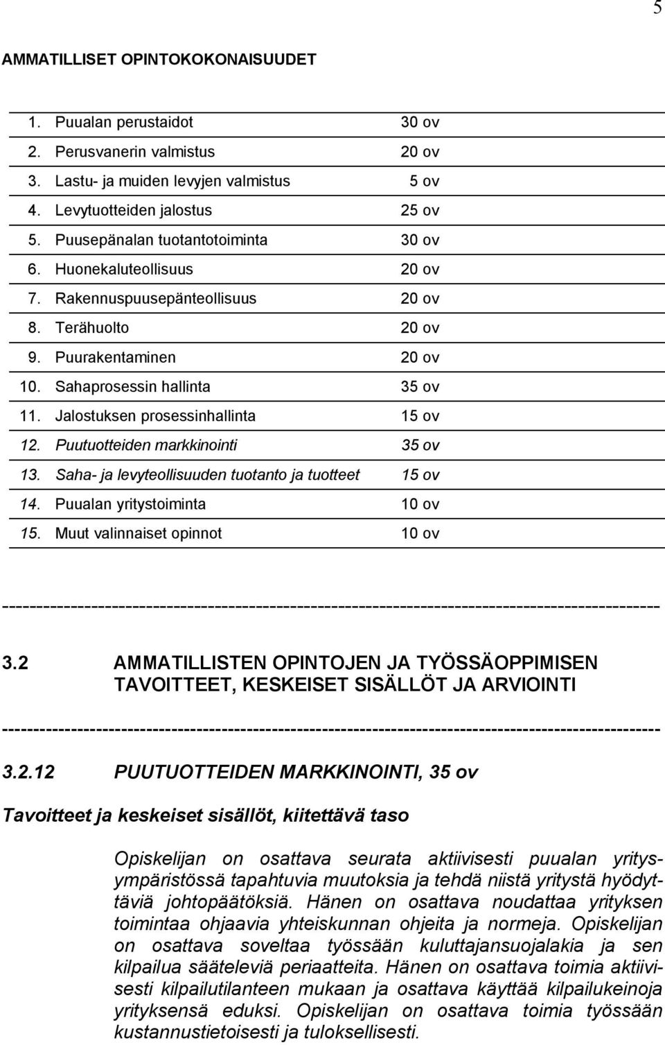 Jalostuksen prosessinhallinta 15 ov 12. Puutuotteiden markkinointi 35 ov 13. Saha- ja levyteollisuuden tuotanto ja tuotteet 15 ov 14. Puualan yritystoiminta 10 ov 15.