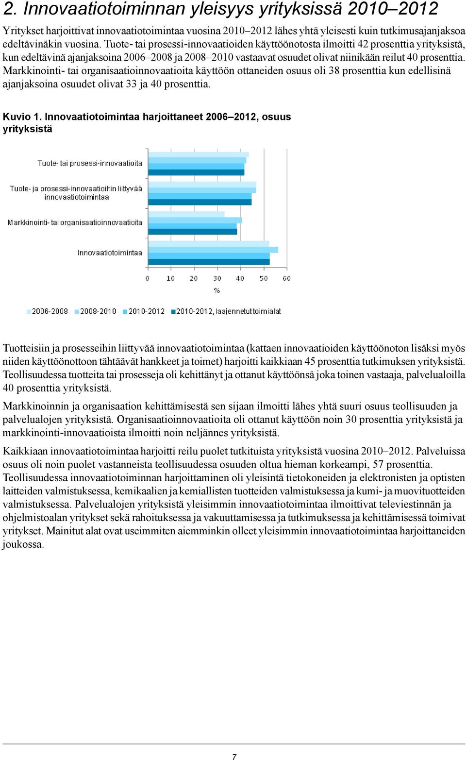 Markkinointi- tai organisaatioinnovaatioita käyttöön ottaneiden osuus oli 38 prosenttia kun edellisinä ajanjaksoina osuudet olivat 33 ja 40 prosenttia. Kuvio 1.