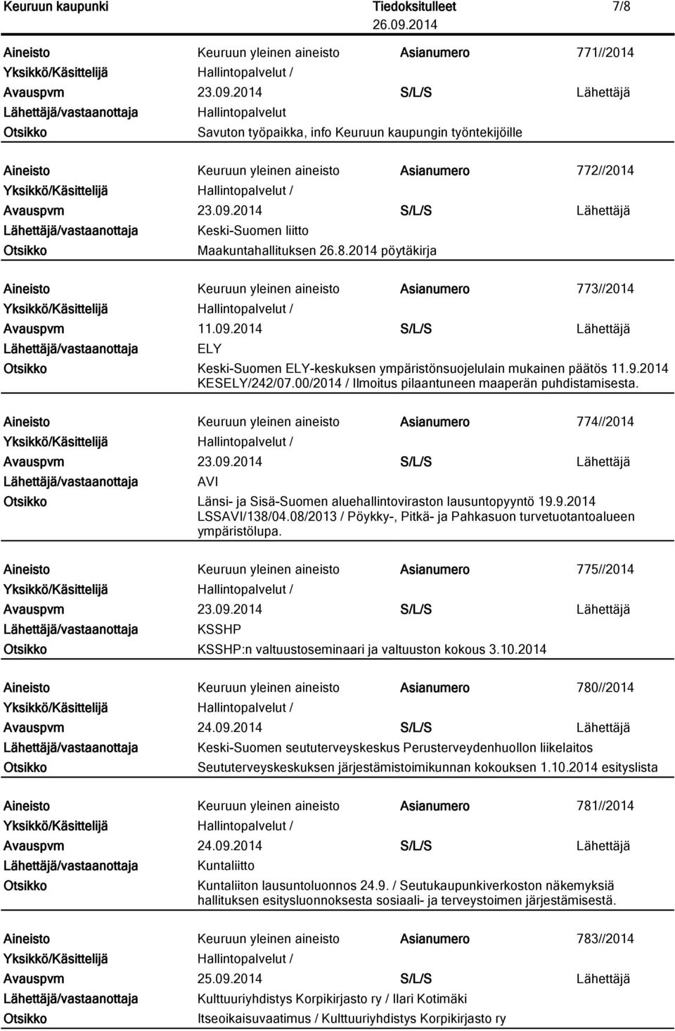 2014 S/L/S Lähettäjä ELY Keski-Suomen ELY-keskuksen ympäristönsuojelulain mukainen päätös 11.9.2014 KESELY/242/07.00/2014 / Ilmoitus pilaantuneen maaperän puhdistamisesta.