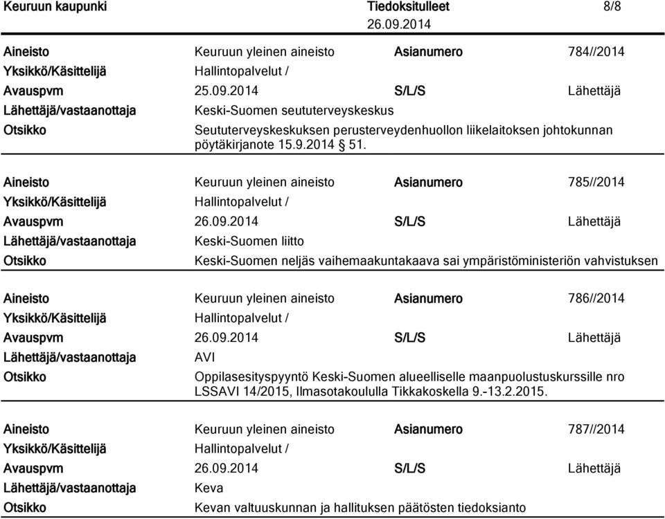 Aineisto Keuruun yleinen aineisto Asianumero 785//2014 Avauspvm S/L/S Lähettäjä Keski-Suomen liitto Keski-Suomen neljäs vaihemaakuntakaava sai ympäristöministeriön vahvistuksen Aineisto Keuruun