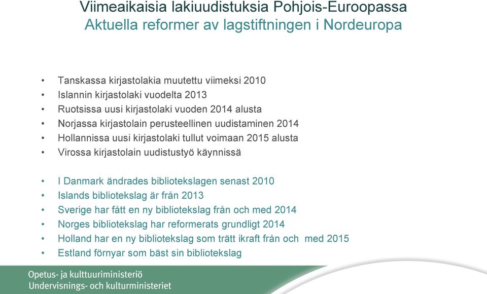 alusta Virossa kirjastolain uudistustyö käynnissä I Danmark ändrades bibliotekslagen senast 2010 Islands bibliotekslag är från 2013 Sverige har fått en ny bibliotekslag