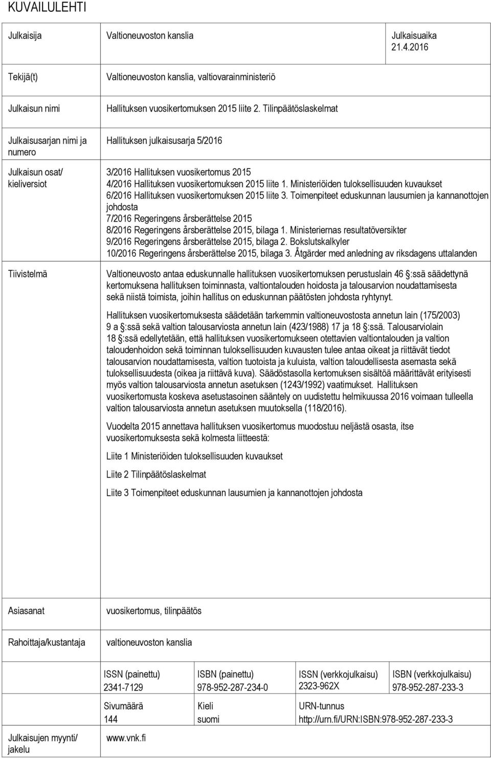 Ministeriöiden tuloksellisuuden kuvaukset 6/2016 Hallituksen vuosikertomuksen liite 3.