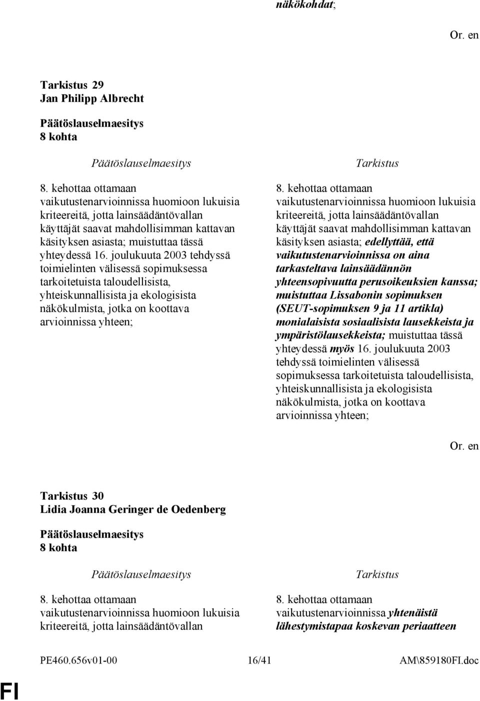joulukuuta 2003 tehdyssä toimielinten välisessä sopimuksessa tarkoitetuista taloudellisista, yhteiskunnallisista ja ekologisista näkökulmista, jotka on koottava arvioinnissa yhteen; 8.