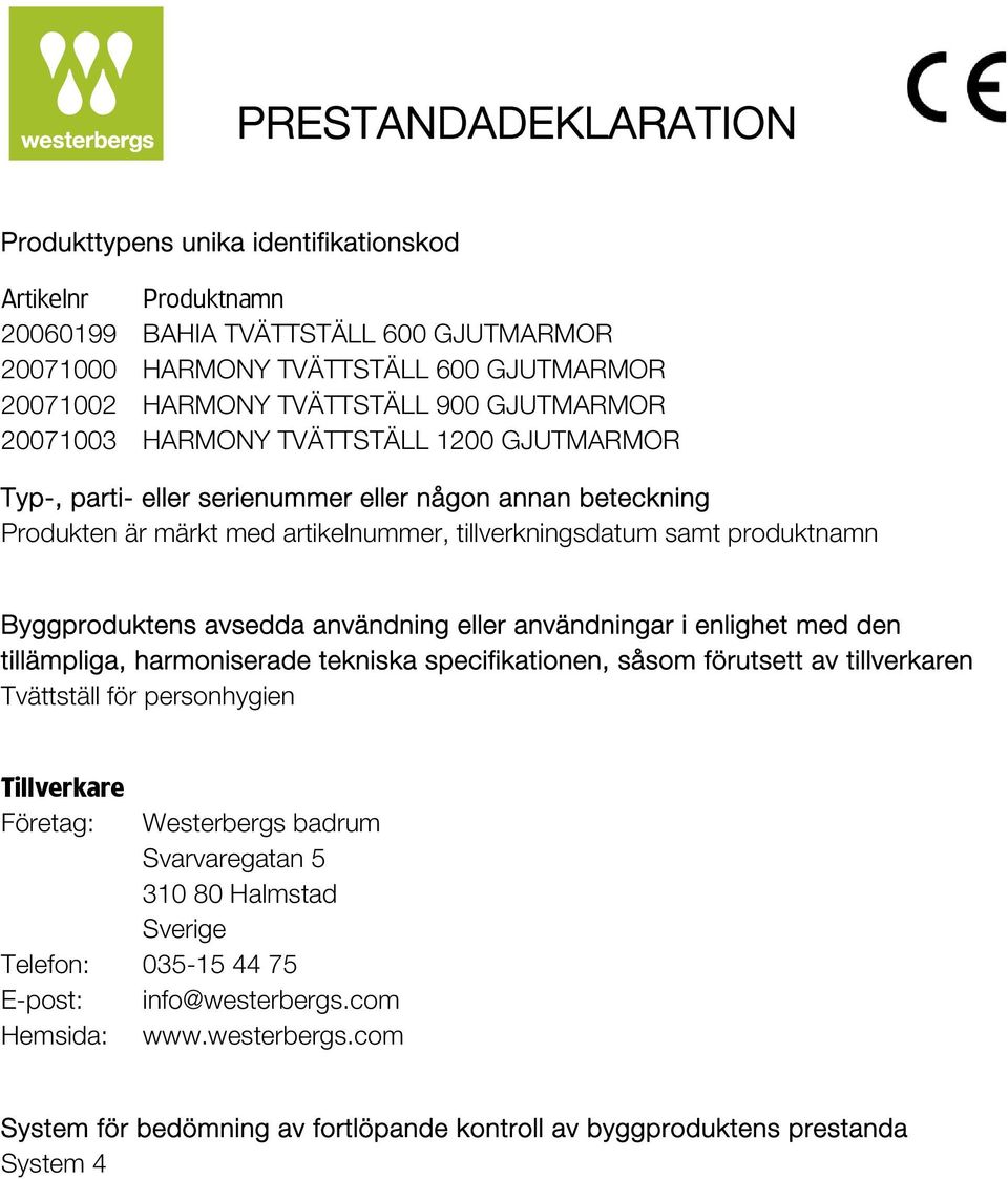 Byggproduktens avsedda användning eller användningar i enlighet med den tillämpliga, harmoniserade tekniska specifikationen, såsom förutsett av tillverkaren Tvättställ för personhygien Tillverkare