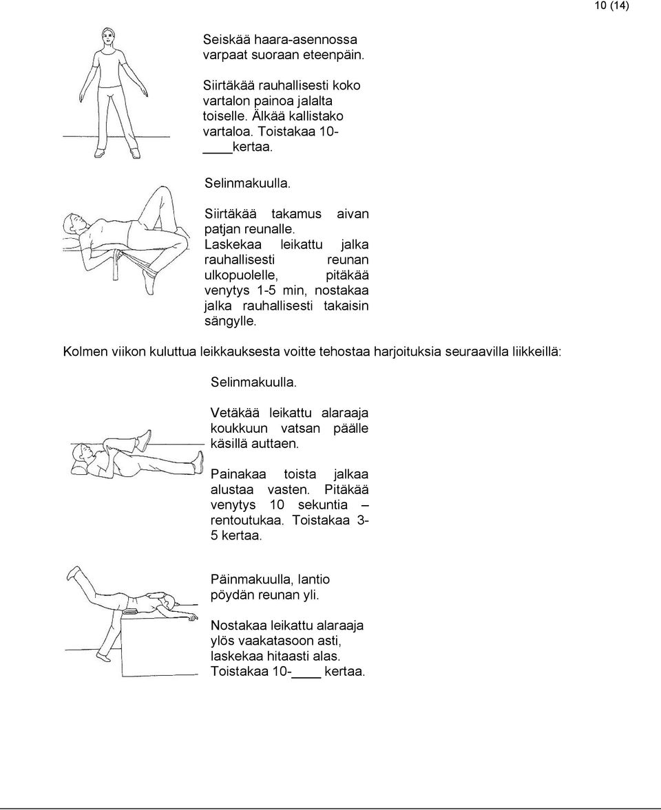 Kolmen viikon kuluttua leikkauksesta voitte tehostaa harjoituksia seuraavilla liikkeillä: Selinmakuulla. Vetäkää leikattu alaraaja koukkuun vatsan päälle käsillä auttaen.
