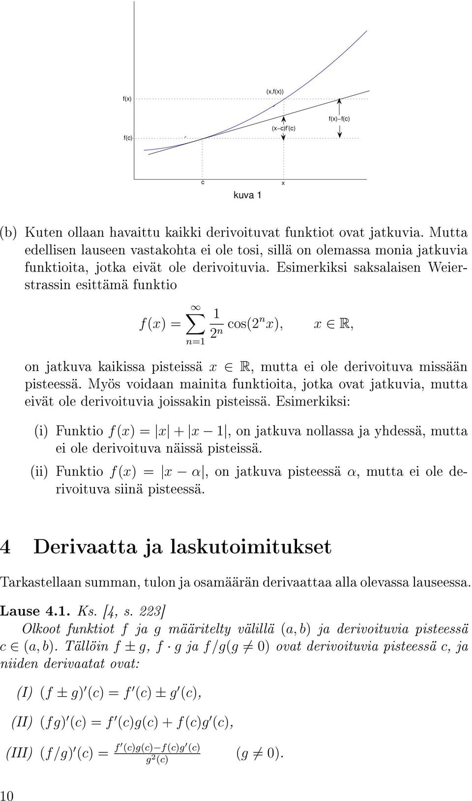 Esimerkiksi saksalaisen Weierstrassin esittämä funktio f(x) = n=1 1 2 n cos(2n x), x R, on jatkuva kaikissa pisteissä x R, mutta ei ole derivoituva missään pisteessä.